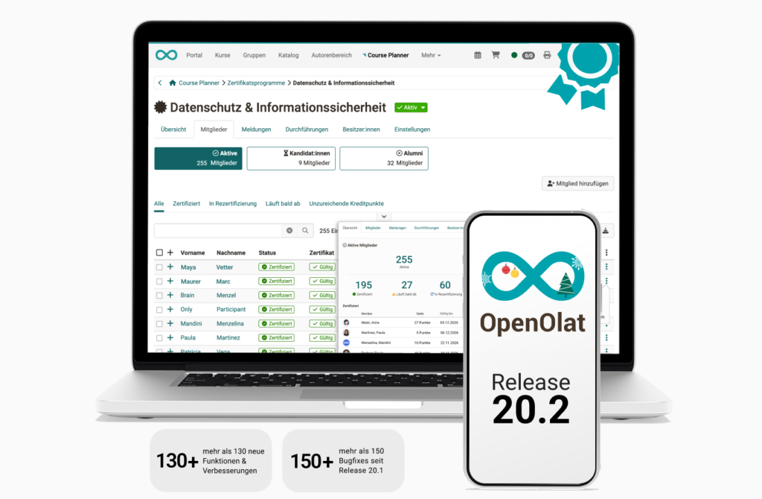 Pressemitteilung OpenOlat 20.2: Neues Zertifikats&shy;programm und gezielte Weiter&shy;entwicklungen für professionelles Bildungs&shy;management