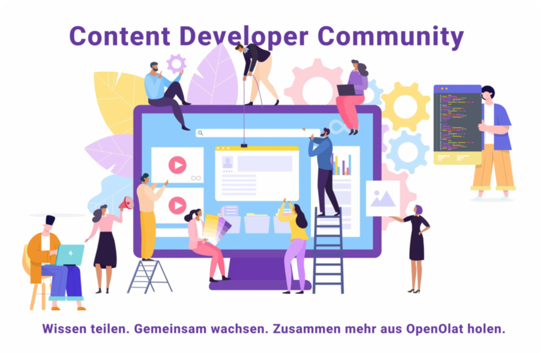 Illustration der OpenOlat Content Developer Community: ein Team entwickelt gemeinsam Kurse, eTestings und Lerninhalte an einem grossen Bildschirm.