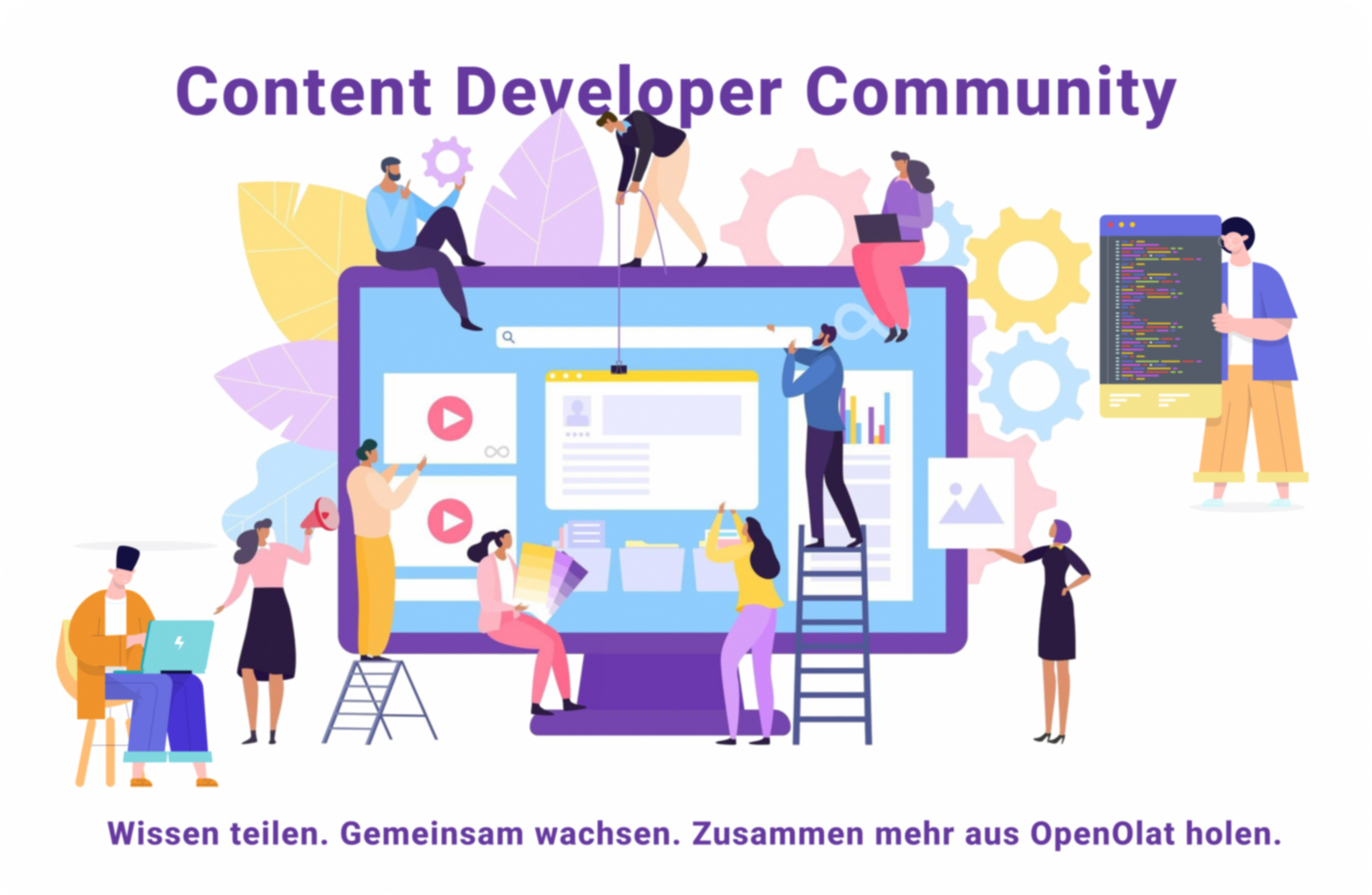 Illustration der OpenOlat Content Developer Community: ein Team entwickelt gemeinsam Kurse, eTestings und Lerninhalte an einem grossen Bildschirm.