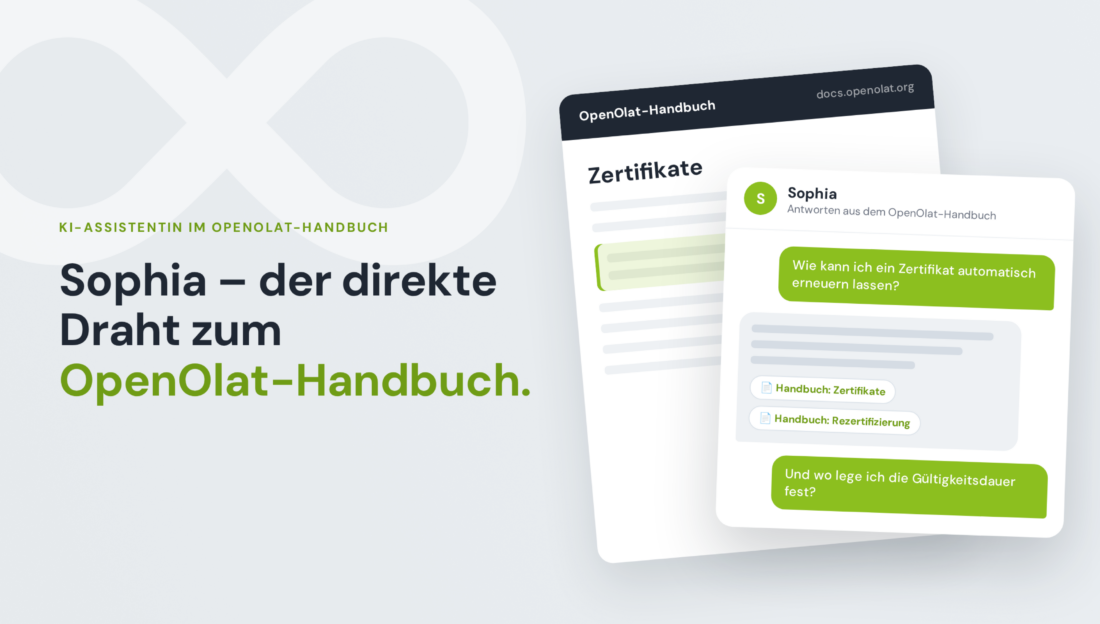 Chatfenster der KI-Assistentin Sophia mit einer Frage zu Zertifikaten, daneben die passende Seite im OpenOlat-Handbuch