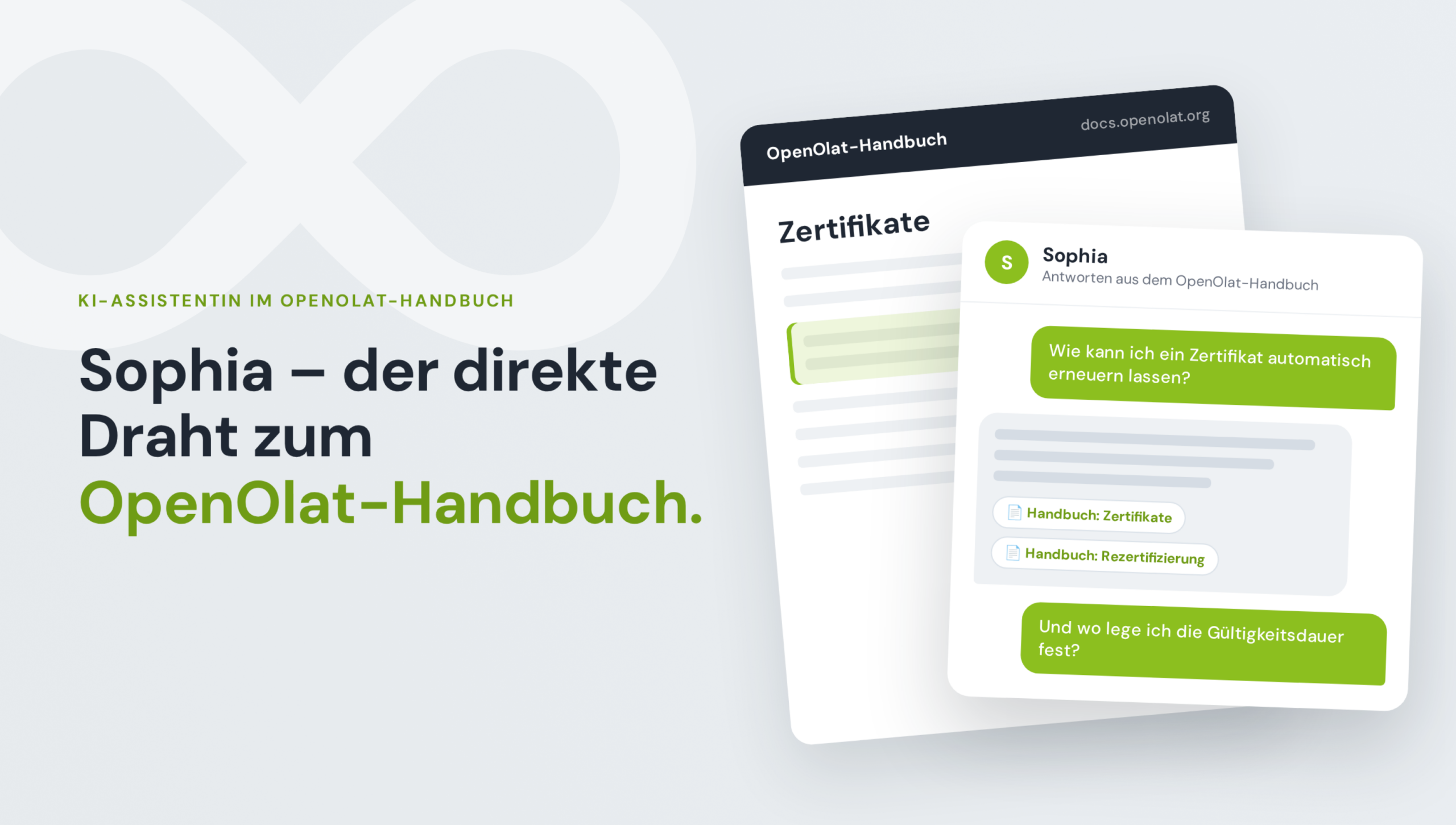 Chatfenster der KI-Assistentin Sophia mit einer Frage zu Zertifikaten, daneben die passende Seite im OpenOlat-Handbuch
